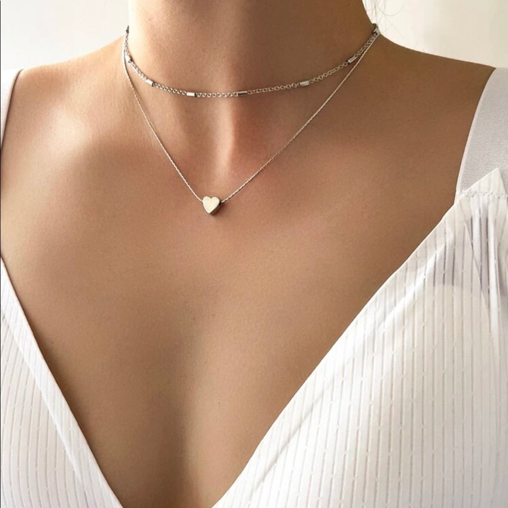 Silver Heart Charm Layered Necklace
